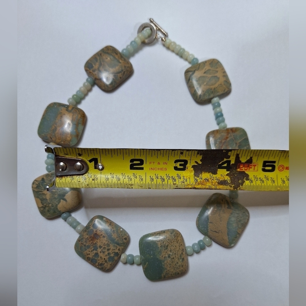 Teal Beaded Square Stone Marble Style Statement Costume Jewelry Necklace - Picture 10 of 11